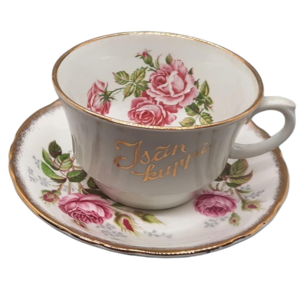 Vintage Tea Cup and Saucer Set with Pink Rose Floral and Gold Trim